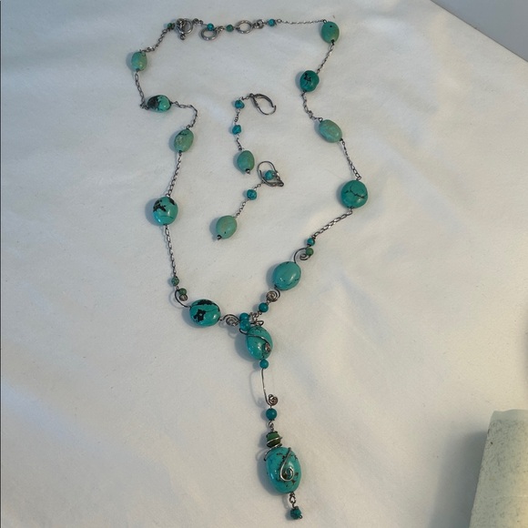 Boho Vintage silver turquoise statement 
Y necklace and earrings. - Picture 5 of 10